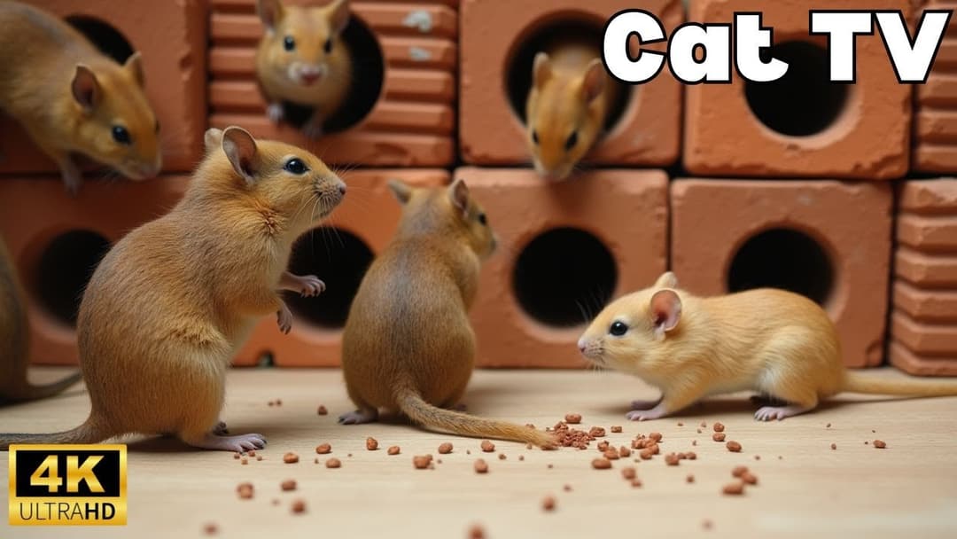 Interactive Cat TV | Tiny Mice Playing Hide & Seek & Brick Hole Chase – 8H in 4K UHD