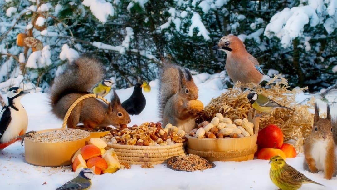 Cat TV NO ADS😽 Squirrels Yellowhammers Blackbirds Jays and All Other Pretty Birds in Snow