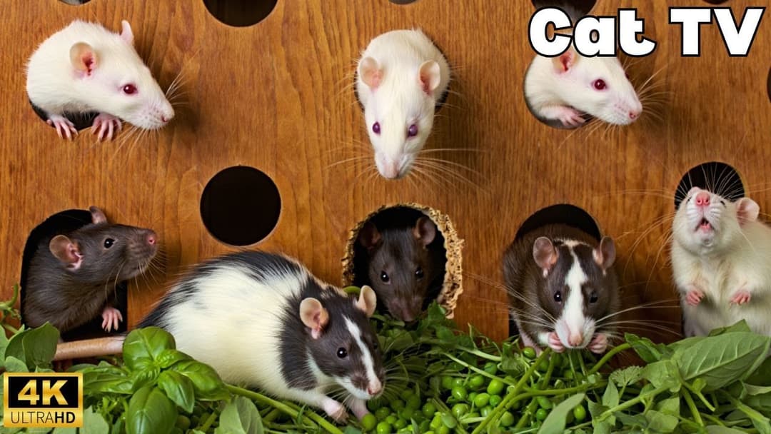 Interactive Cat TV | Tiny Mice Playing Hide & Seek, Wood Hole Chase & Fun – 4H in 4K UHD 60FPS