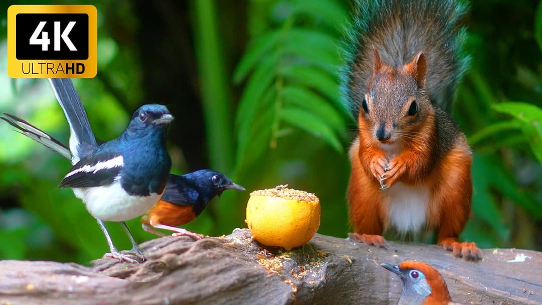 CAT TV NO ADS 🕊️ Birds & Squirrels Share Food on a Garden Wood 🐿️ Videos for Cats to Watch 4K HDR