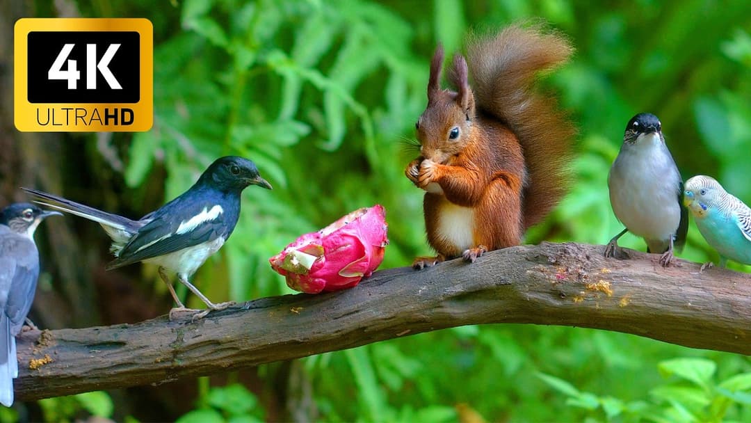 [No Ad Interruptions] Cat TV 😺 Birds & Squirrels Dine Peacefully in the Sunshine 🐦🐿️ Nature 4K HDR
