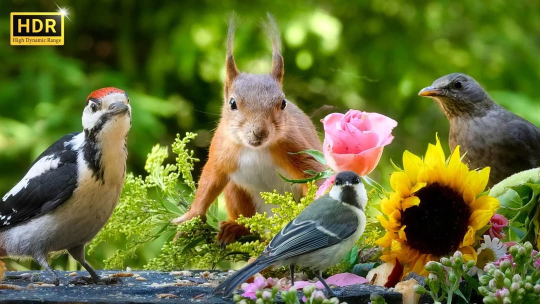 Cat TV for Cats to Watch😺 Cute Little Birds with Squirrel-mania🐿️10 Hours 4K HDR