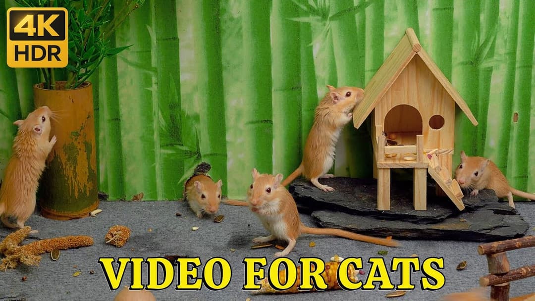 4K HDR Mice Playtime for Cats: Hide & Seek Bamboo Village – Tiny Mice Explore the Corn Cabin in 4K