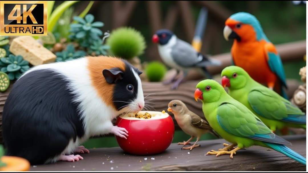 Peaceful Nature for Cats 😺 Birds & Guinea Pigs Search for Treats Under the Feeder 🐹🐦4K HDR