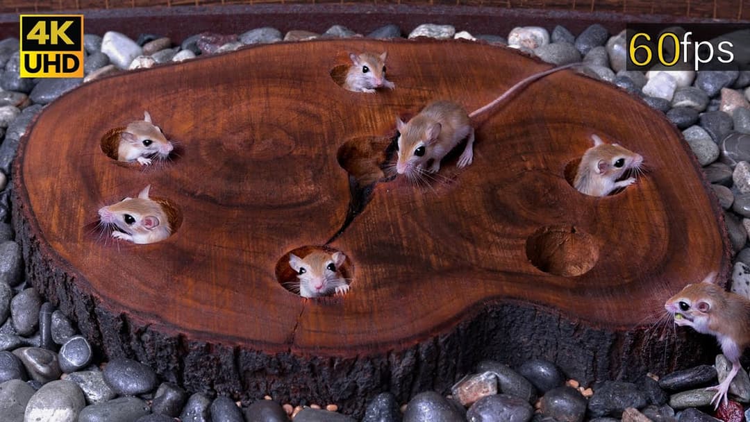 Cat TV: Tiny Mouse Popping Up and Hide & Seek Fun through Wood Stem Holes for cats to watch 4k