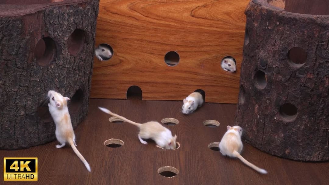 Ultimate Cat TV: Adorable Mice Climbing & Peeking Out from Wood Holes! 8 Hours of Fun in 4K