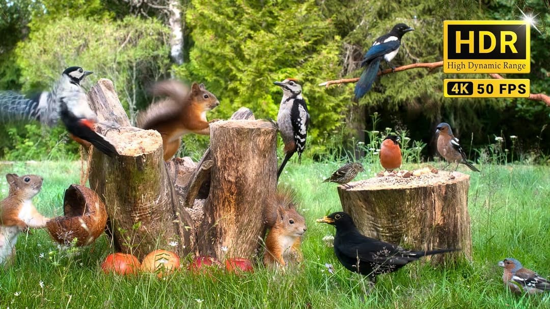 Squirrel and Bird Watching: 10 hours Nature Fun for Cats & Dogs & Humans Alike  (4K HDR) ASMR