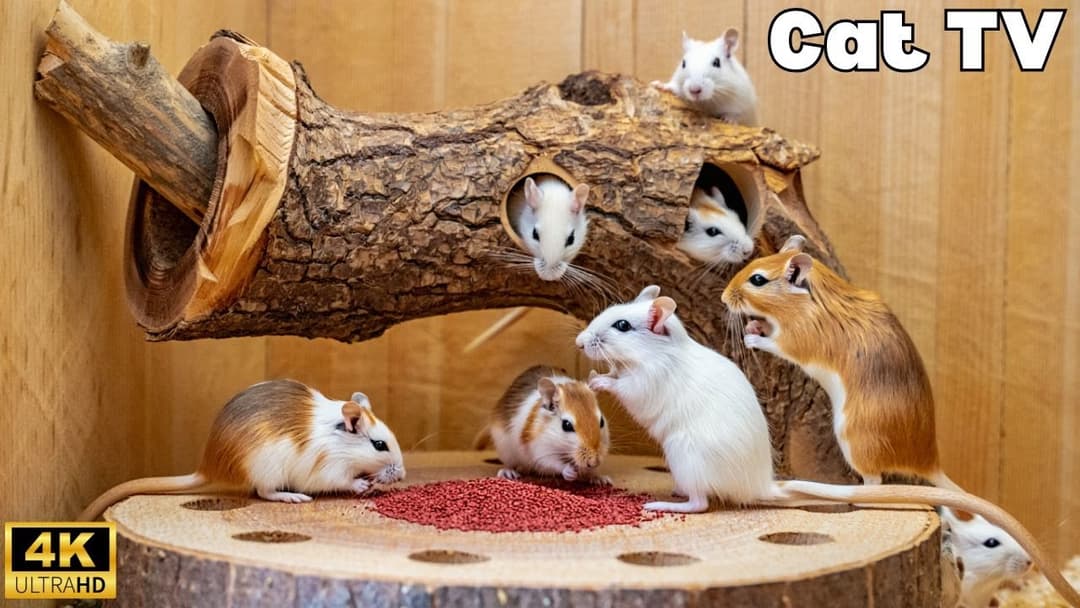 Cat TV | Ultimate Tiny Mice Playing Hide & Seek, Wood Hole Chase & Fun – 8H of fun in 4K UHD 60FPS!