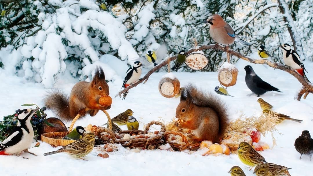 CAT TV NO ADS😺🕊️ Cheerful Winter Birds and Squirrels🐿️  Cat Games Real Nature Sounds 4K HDR 60FPS