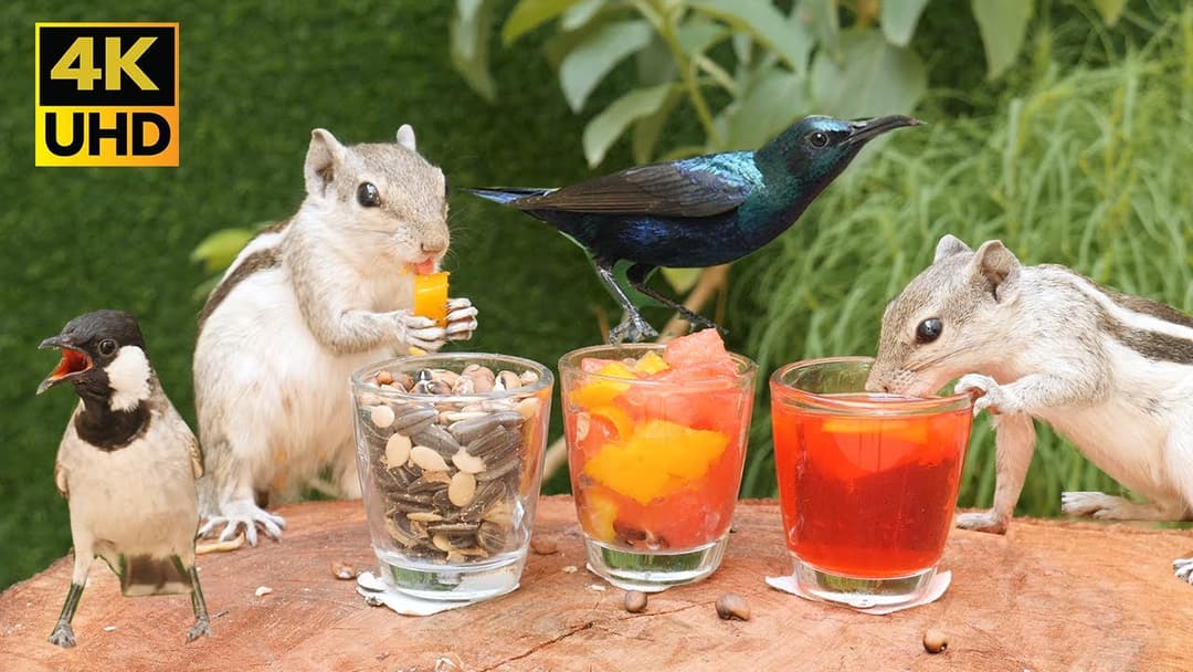 Cat TV for Cats to Watch 😺 Cute Birds and Naughty Squirrels Picnic Party in Backyard (4KUHD) 8 Hours