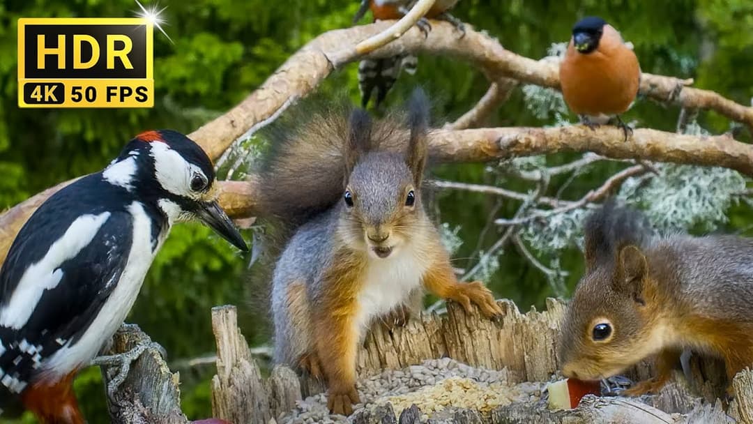 Cat TV for Cats to Watch BABY RED SQUIRRELS🐿️ Friends and Ambient BirdSounds 10 Hours Dog TV 4K HDR