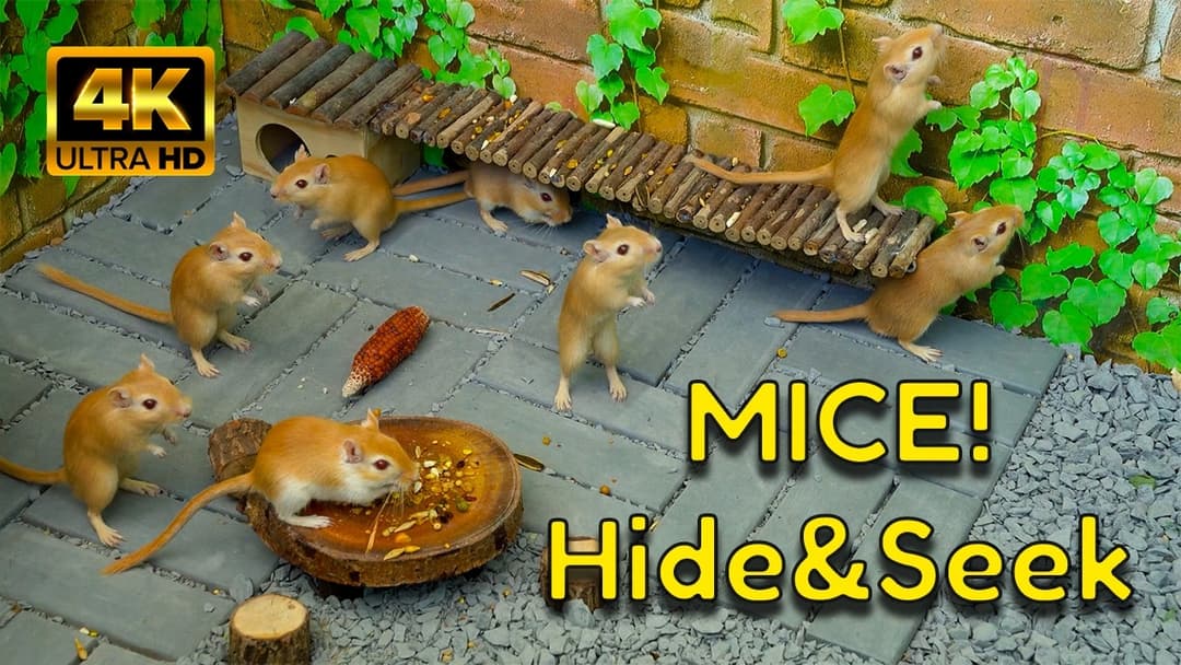 Cat TV Mice: Cozy Log & Brick World — Gerbils Playing Hide & Seek | 4K Videos for Cats