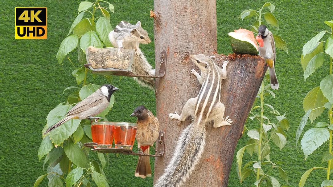 8 hour Cat TV | Birds and squirrels enjoying food for cats to watch in Backyard ,  4k UHD