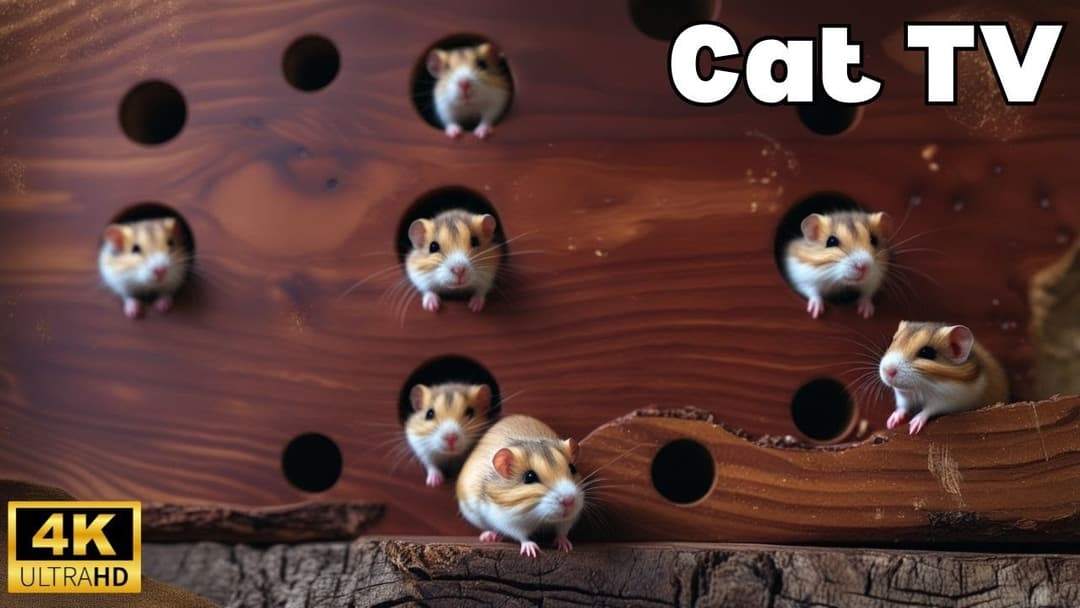 Cat TV: Tiny Mouse Popping Up & Hide & Seek Fun Through Wood Stem Holes | 8H of Fun in 4K UHD!