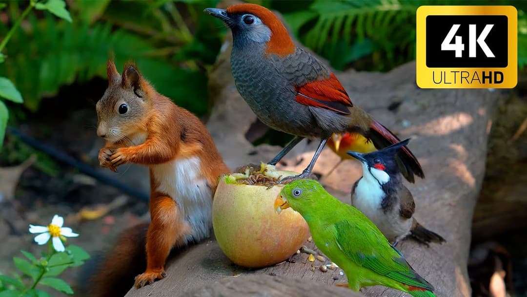 Peaceful Cat TV 😺 Backyard Birds & Squirrels Share Treats and Laughs 🐿️🕊️ 4K HDR Video