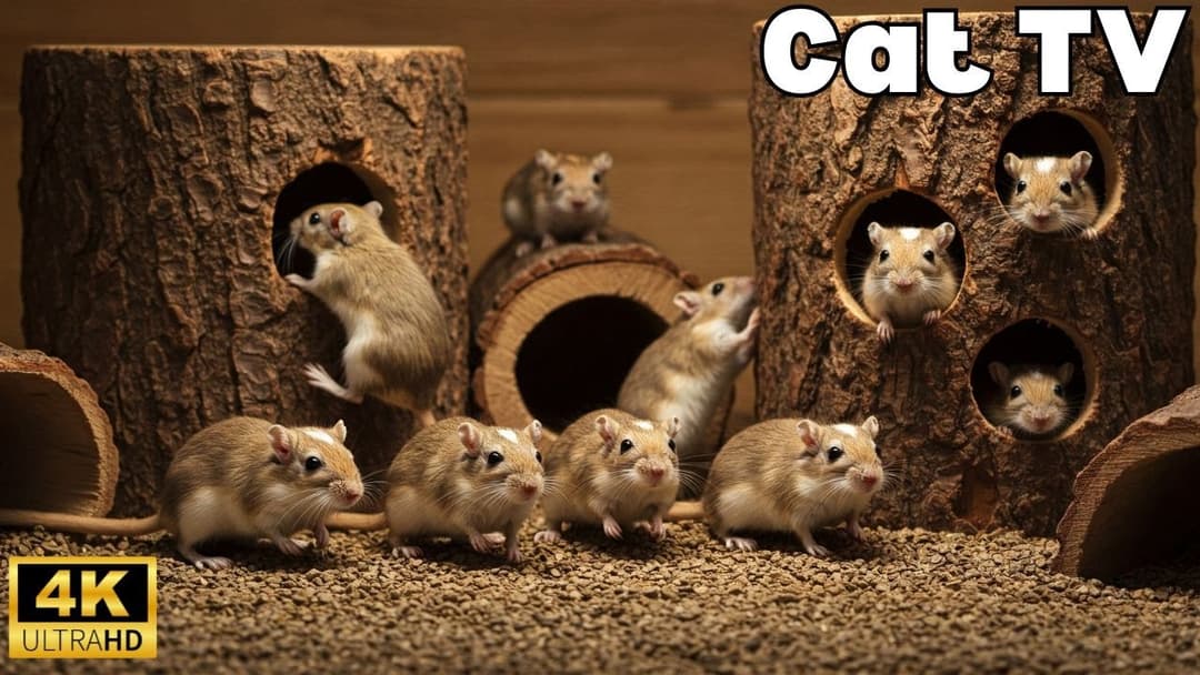 Interactive Cat TV | Tiny Mice Playing Hide & Seek, Wood Hole Chase & Fun – 8H in 4K UHD 60FPS