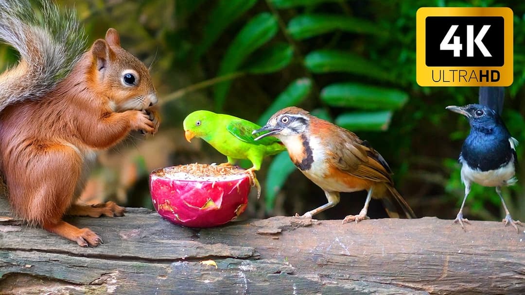 Must-Watch CAT TV NO ADS 😻 Birds & Squirrels Forage by the Logs 🕊️ Relaxing 4K HDR 60FPS