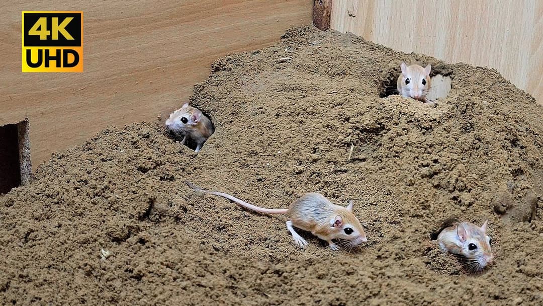 8 hour Cat TV  mouse digging burrows / holes in sand , playing and squeaking for cats to watch 4k