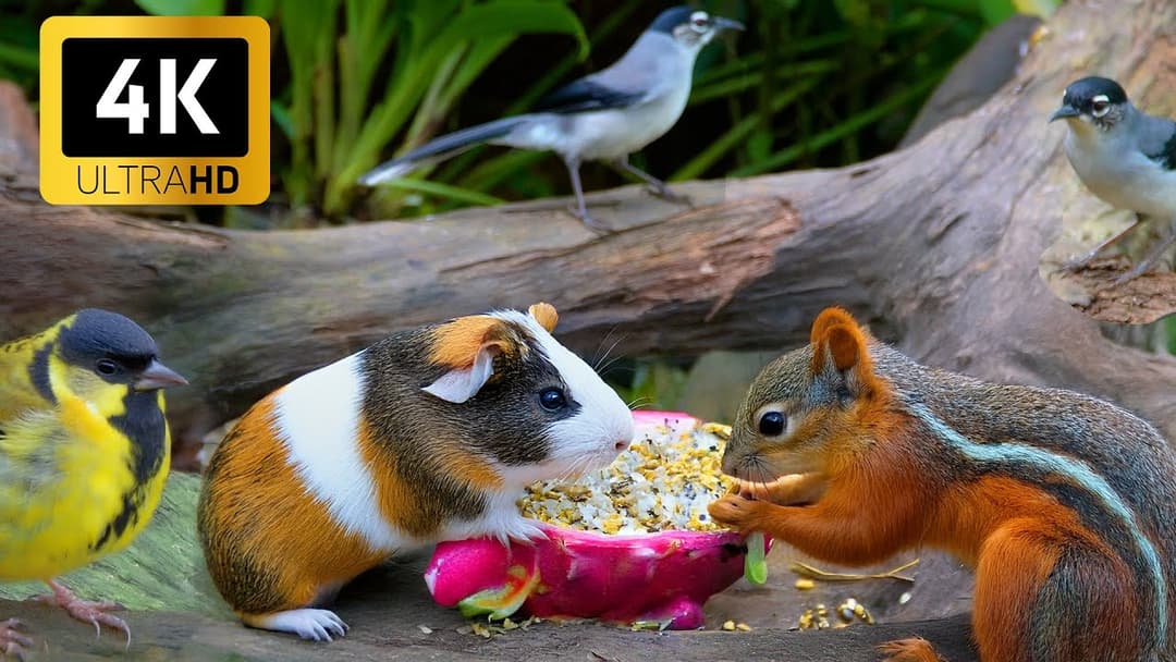 Magical Garden TV for Cats 😺 Birds and Squirrels on the Feeder Trail 🐿️ 4K HDR Cat Entertainment