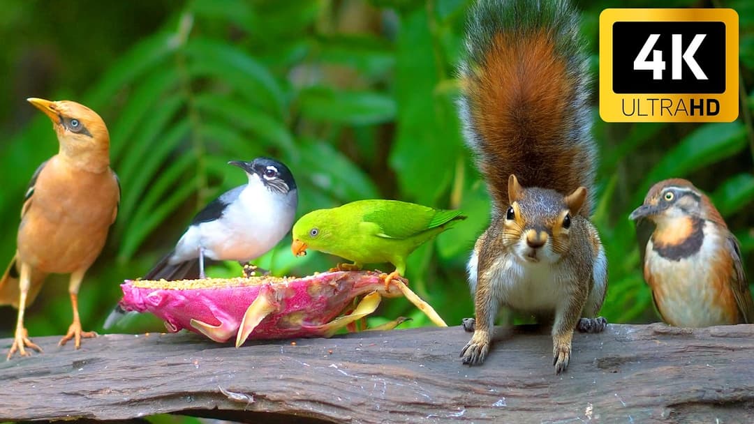 [No Ad Interruptions] Cat TV for Cats to Watch 😺🦜 Birds hop squirrels leap forest sways 🐿 4K HDR