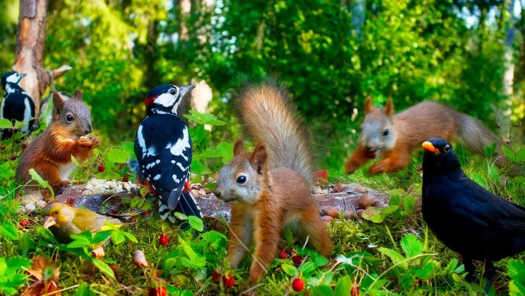 Summer CAT TV😻 Adorable Squirrel Babes, Funny Birds and Wild Strawberries 🐿️  No Mid-Roll Ads