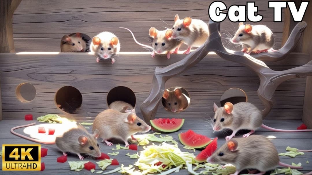 Interactive Cat TV | Tiny Mice Playing Hide & Seek, Wood Hole Chase & Fun – 3H in 4K UHD 60FPS