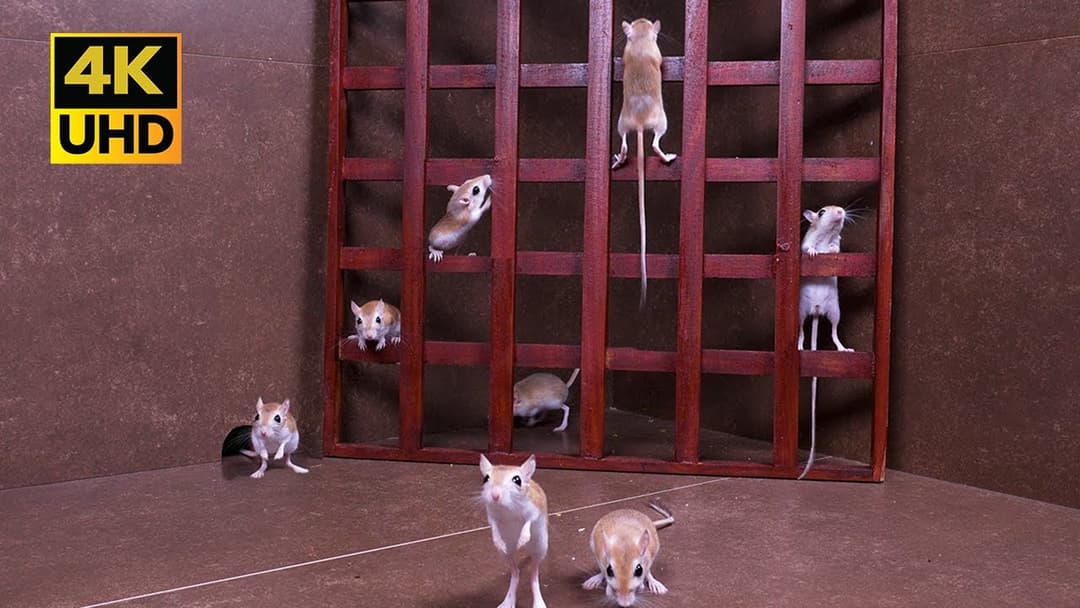 Cat TV Fun in 4K : Adorable Mice Hide & Seek in Wooden Grid with Non-Stop Action for Cats to Watch