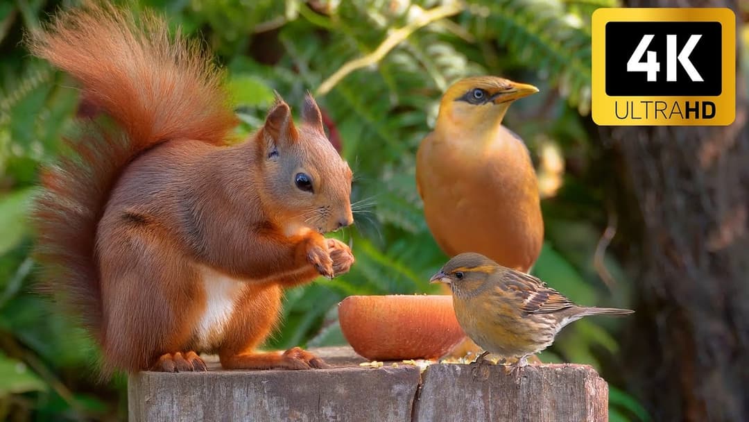 Calming Videos for Cats 😸 Gentle Birds & Sneaky Squirrels Search for Food 🐿️  4K HDR