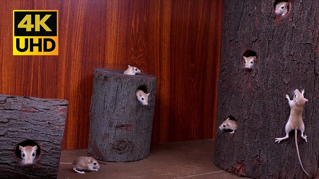Cat TV Game Mice Climbing, Hiding & Peeking in Tree Trunks with real sound | 4K UHD