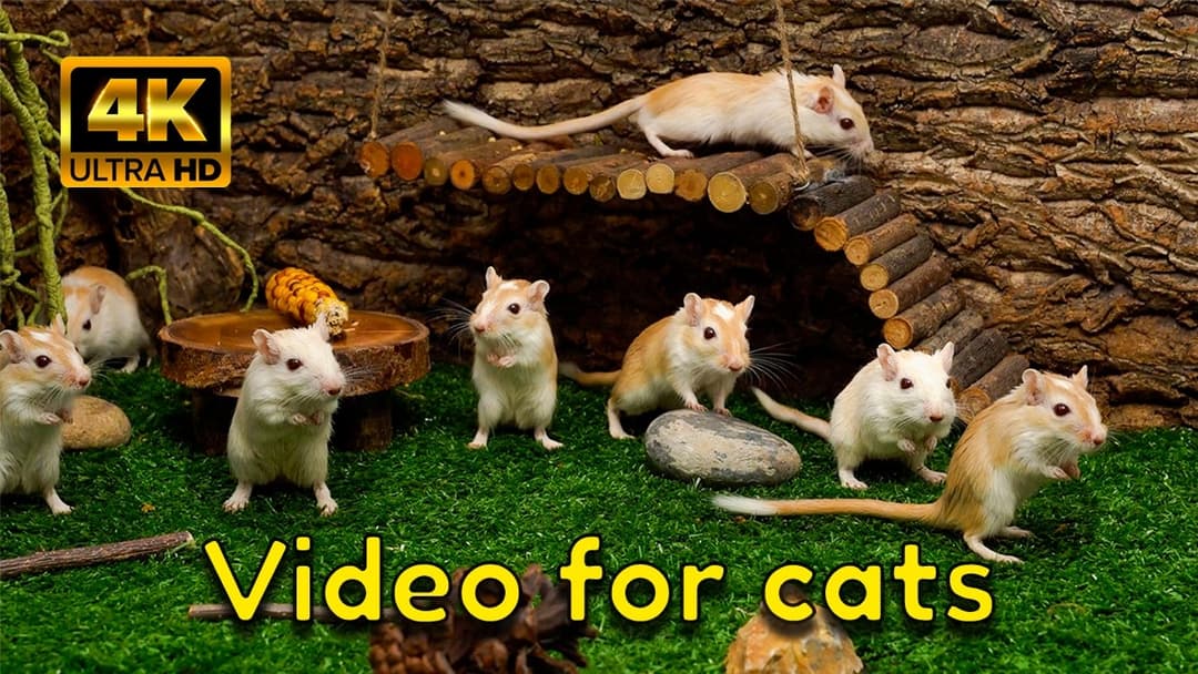 Hide & Seek Mice for Cats – Log Bridge Fun, Brick Garden & Moss Patch | 4K HDR