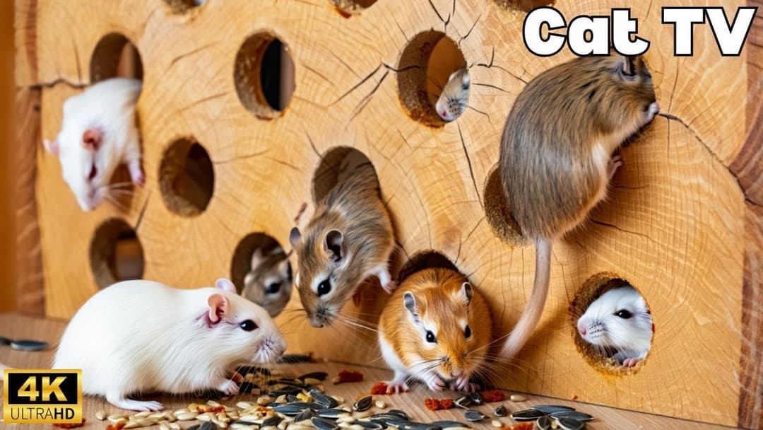 Cat TV | Ultimate Tiny Mice Playing Hide & Seek, Wood Hole Chase & Fun – 3H in 4K UHD 60fps!