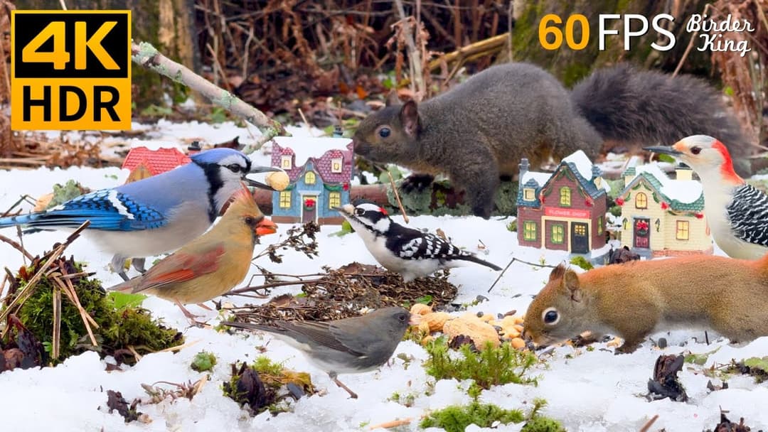 Winter Cat TV 😺 Cheerful Birds and Squirrels in the Snow 🐿 Cat Games 4K HDR 60FPS